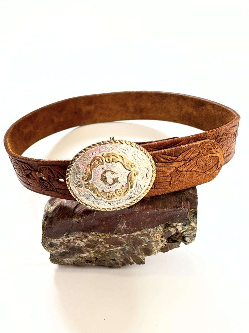 Montana Silversmiths Silver Plated Buckle with a Brown Tooled Leather Belt